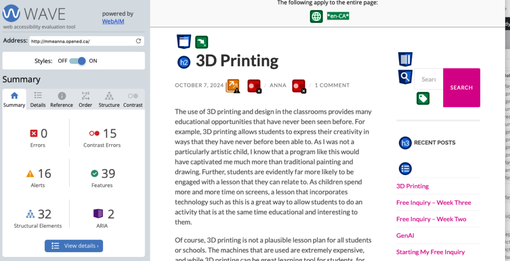 WAVE website screenshot showing a summary of accessibility errors and alerts on my blog